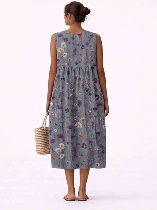 Vestido midi sin mangas azul gris con flores, espalda completa y dobladillo midi