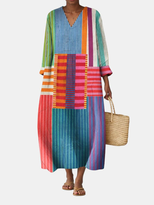 Vestido midi multicolor con rayas verticales y panel central a cuadros