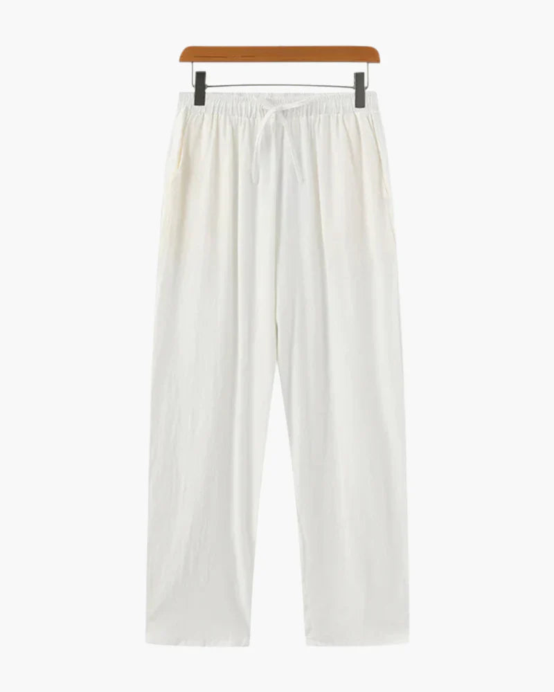 Pantalón largo de lino blanco con cintura elástica y cordón ajustable