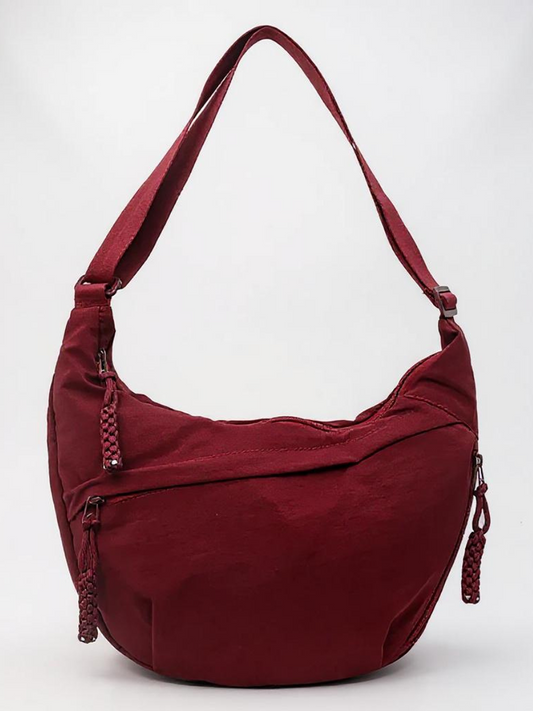 Bolso de hombro burdeos con cremallera, asa y correa ajustable