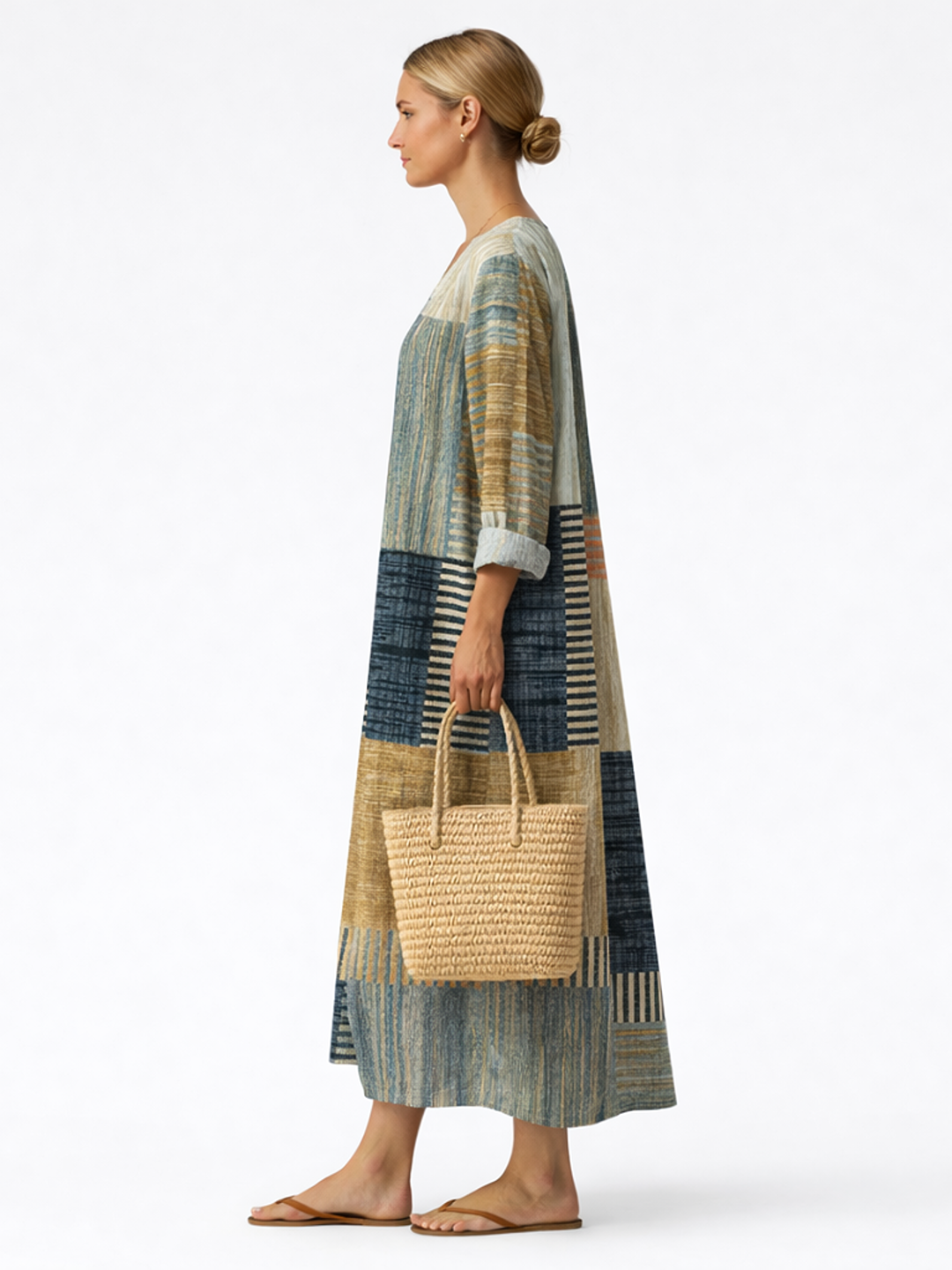 Vestido midi Samanta patchwork en tonos azul verdoso, beige y mostaza