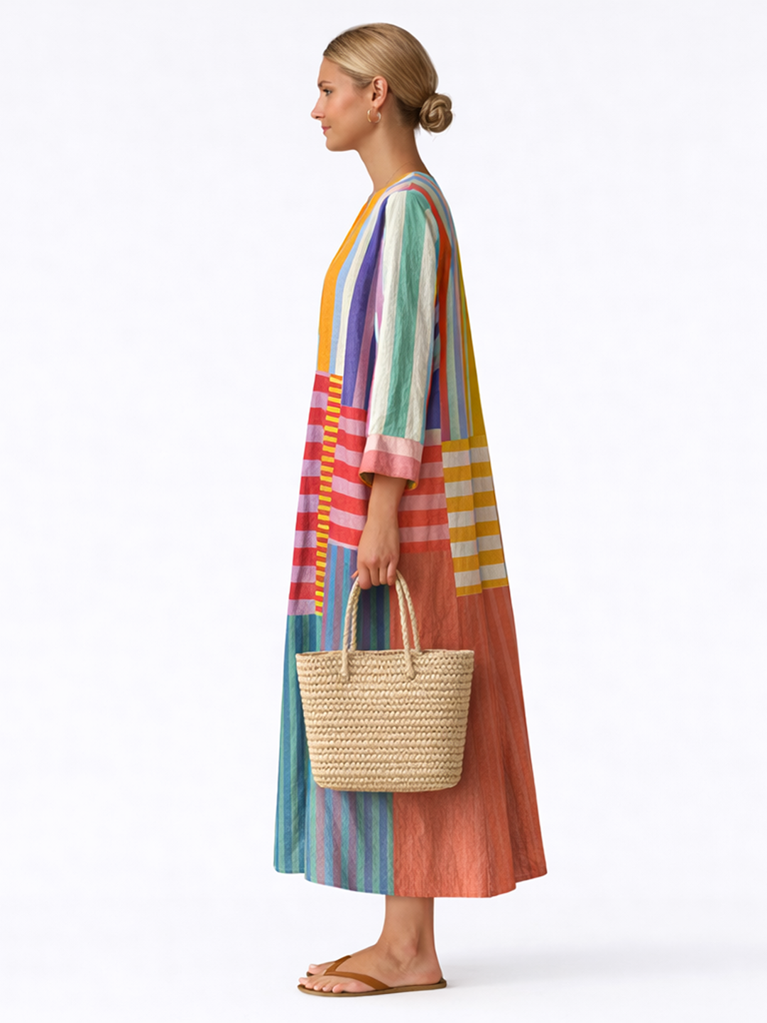 Vestido midi con rayas verticales multicolor y panel central a cuadros, vista lateral