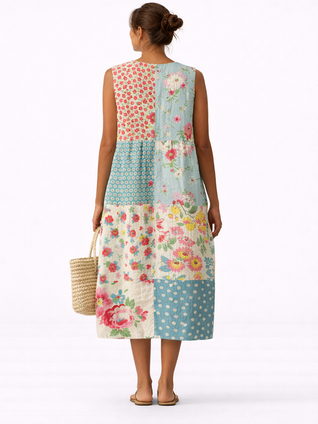 Vestido midi sin mangas estampado por paneles: flores grandes y lunares azules