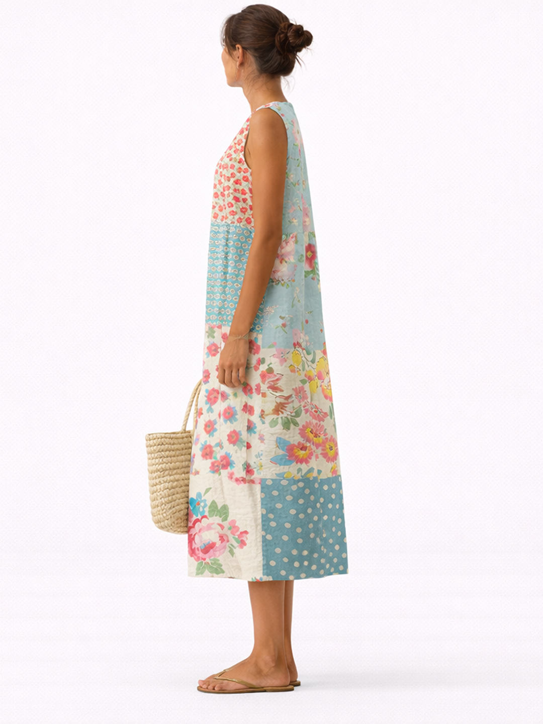 Vestido midi sin mangas estampado floral y de puntos, diseño por paneles