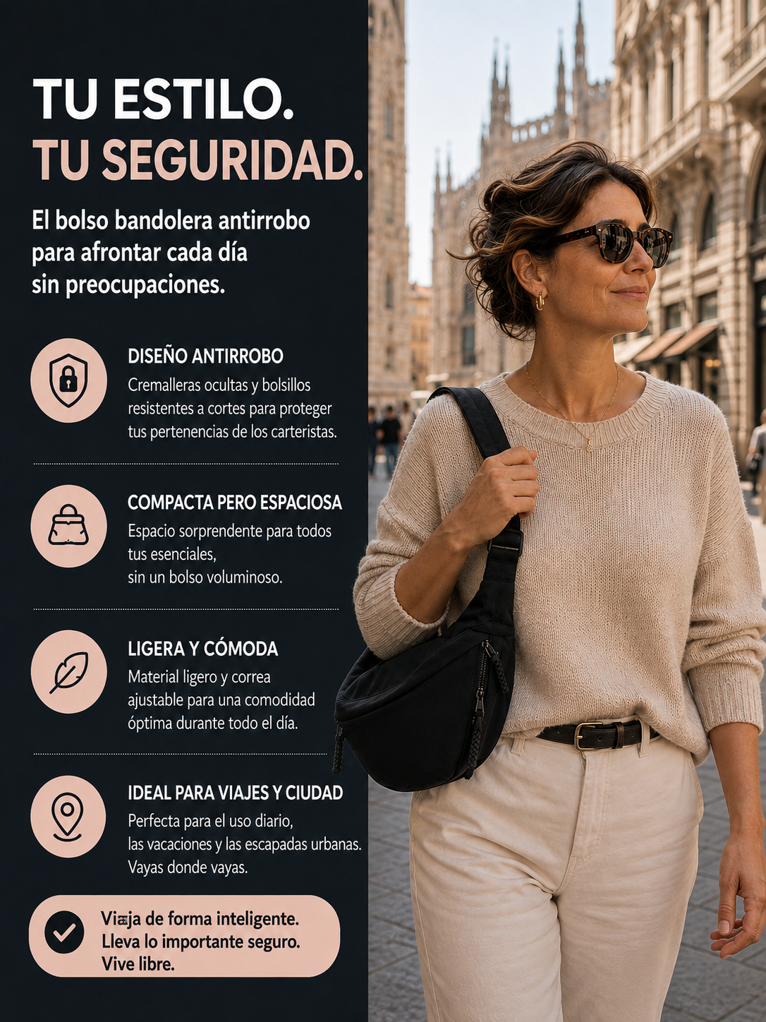 Bolso bandolera negro con correa ajustable, llevado al hombro con suéter beige