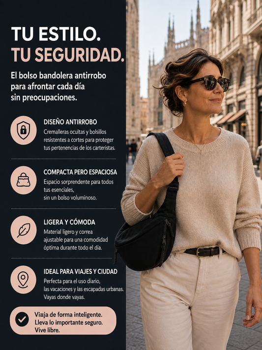 Bolso bandolera negro con correa ajustable, llevado al hombro con suéter beige