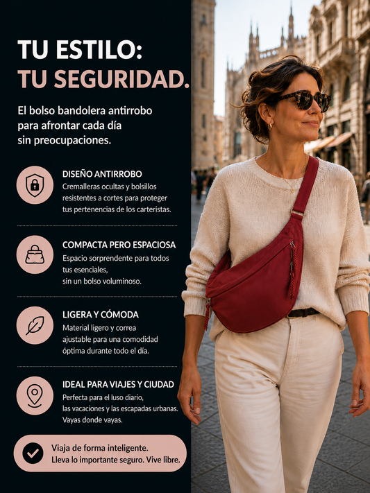 Bolso bandolera burdeos con cremallera y correa ajustable sobre suéter claro