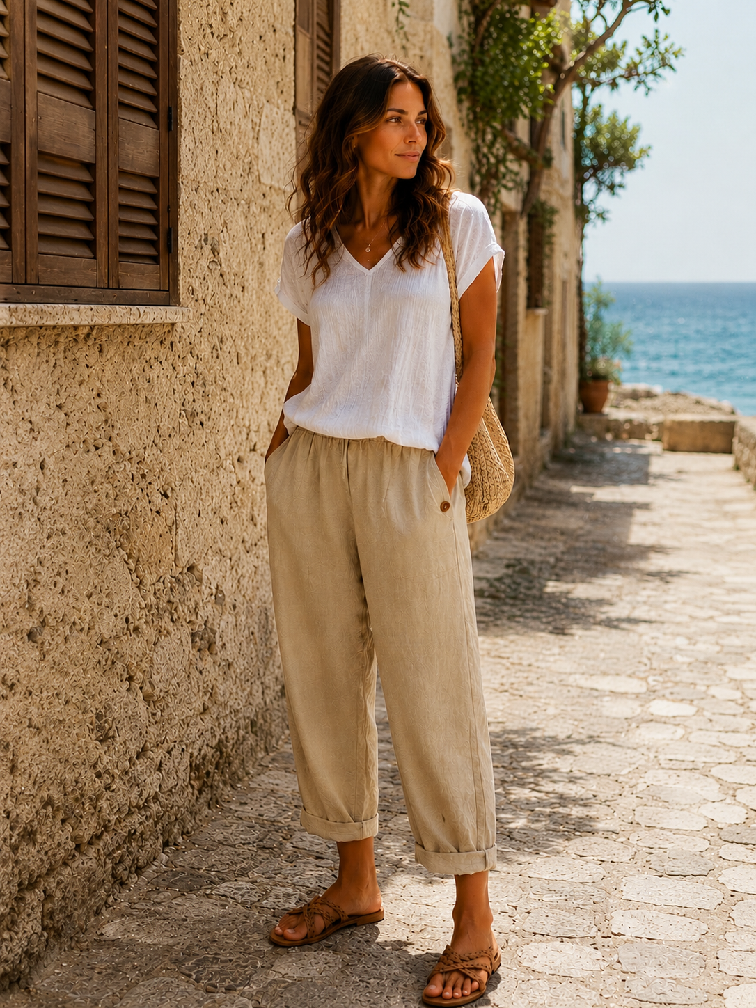 Pantalón efecto lino beige de cintura elástica y tiro medio, largo 3/4 con botones.