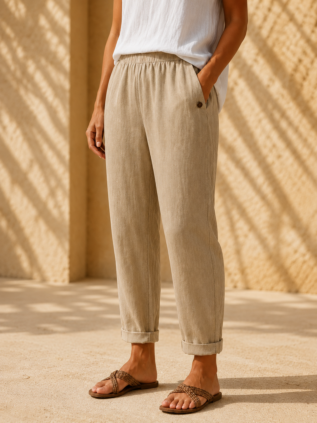 Pantalón efecto lino beige con botones en la pretina y puño en el bajo.