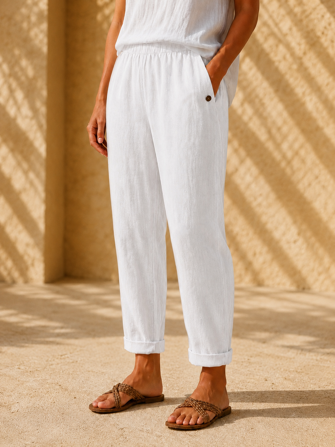 Pantalón efecto lino blanco con cintura elástica y bajo con puño.