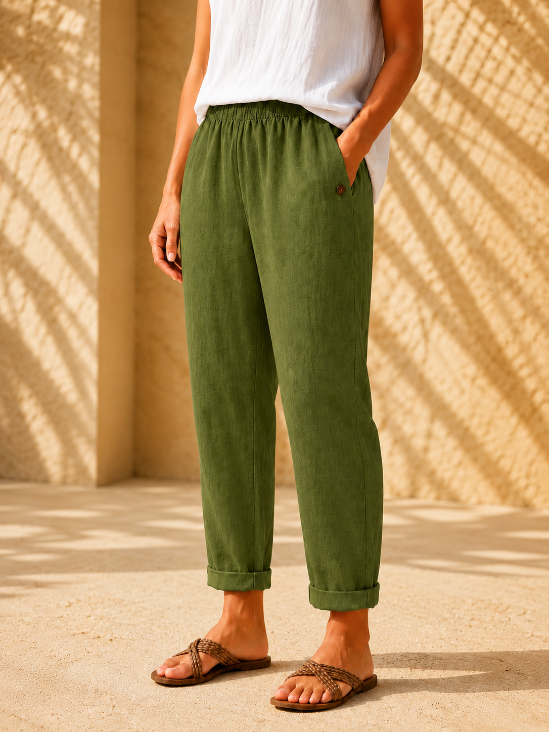 Pantalón efecto lino verde con botones decorativos en la cintura y puño en el bajo.