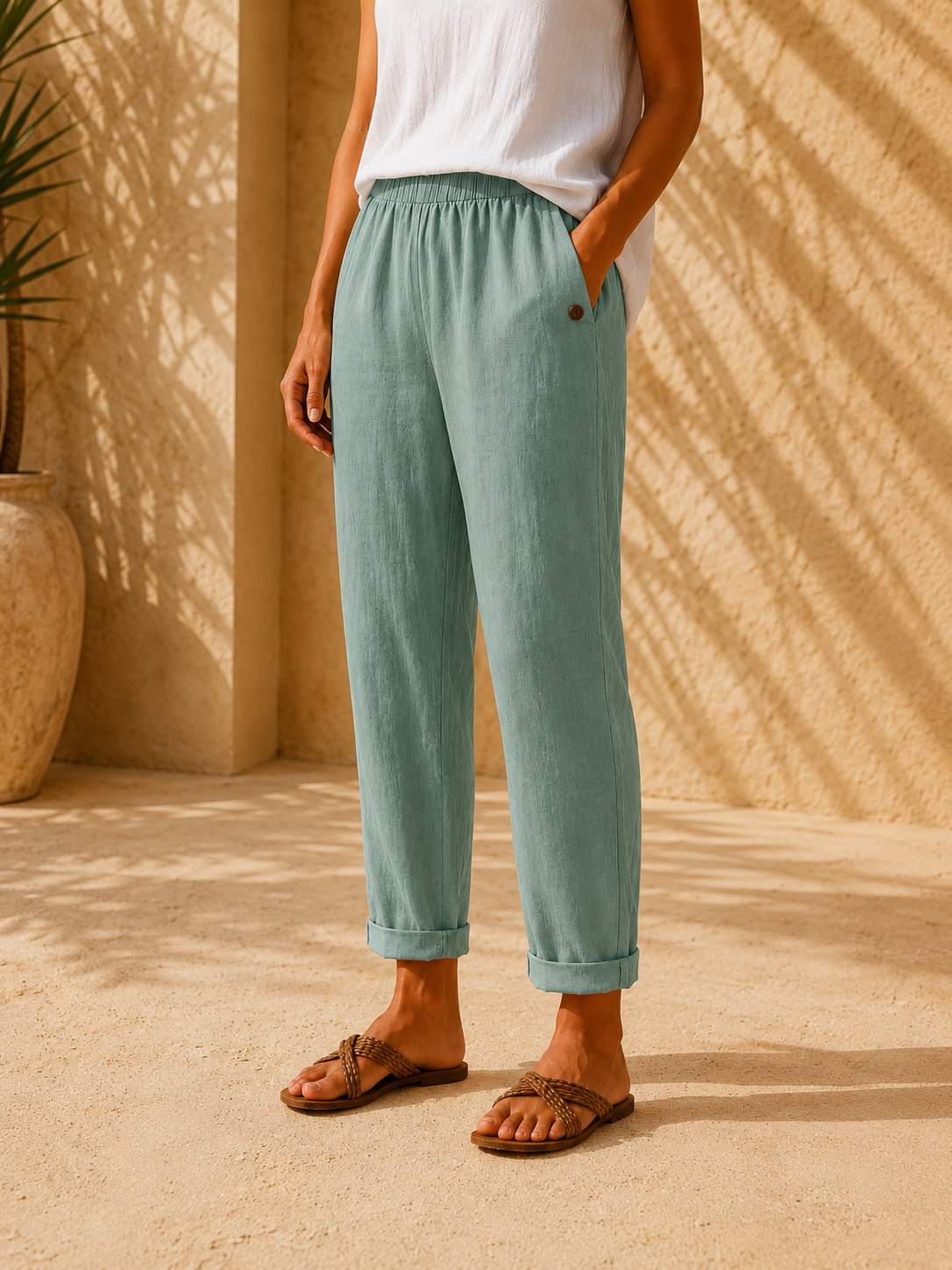 Pantalón efecto lino verde azulado con cintura elástica y bajo con puño.