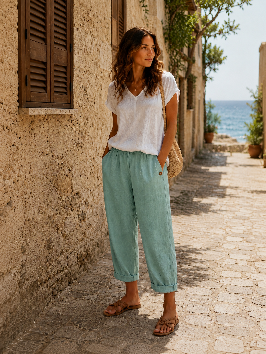 Pantalón efecto lino verde claro con cintura elástica y bajo con puño, botón visible.