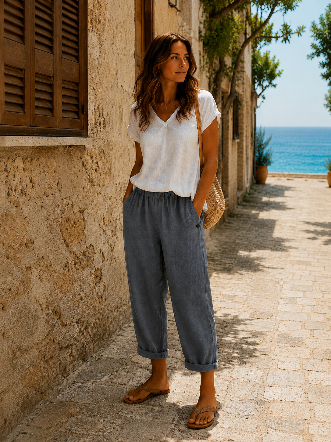 Pantalón efecto lino gris oscuro, tiro alto con cinturilla elástica y pernera amplia