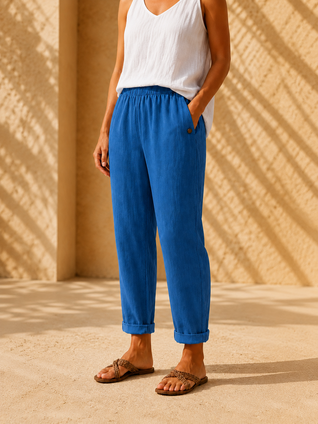 Pantalón efecto lino azul, cinturilla elástica y dobladillo tipo puño