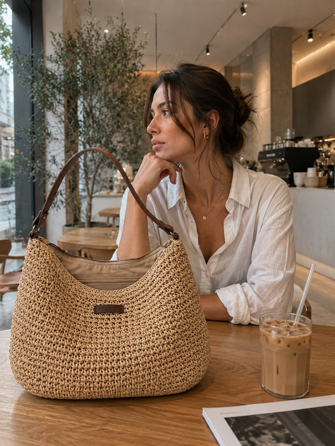 Bolso bandolera hobo trenzado beige con asa de cuero marrón, estilo rafia.