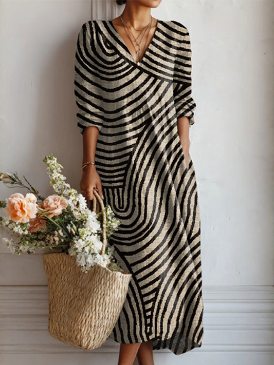 Vestido midi con patrón de ondas negro y beige, escote V y mangas 3/4