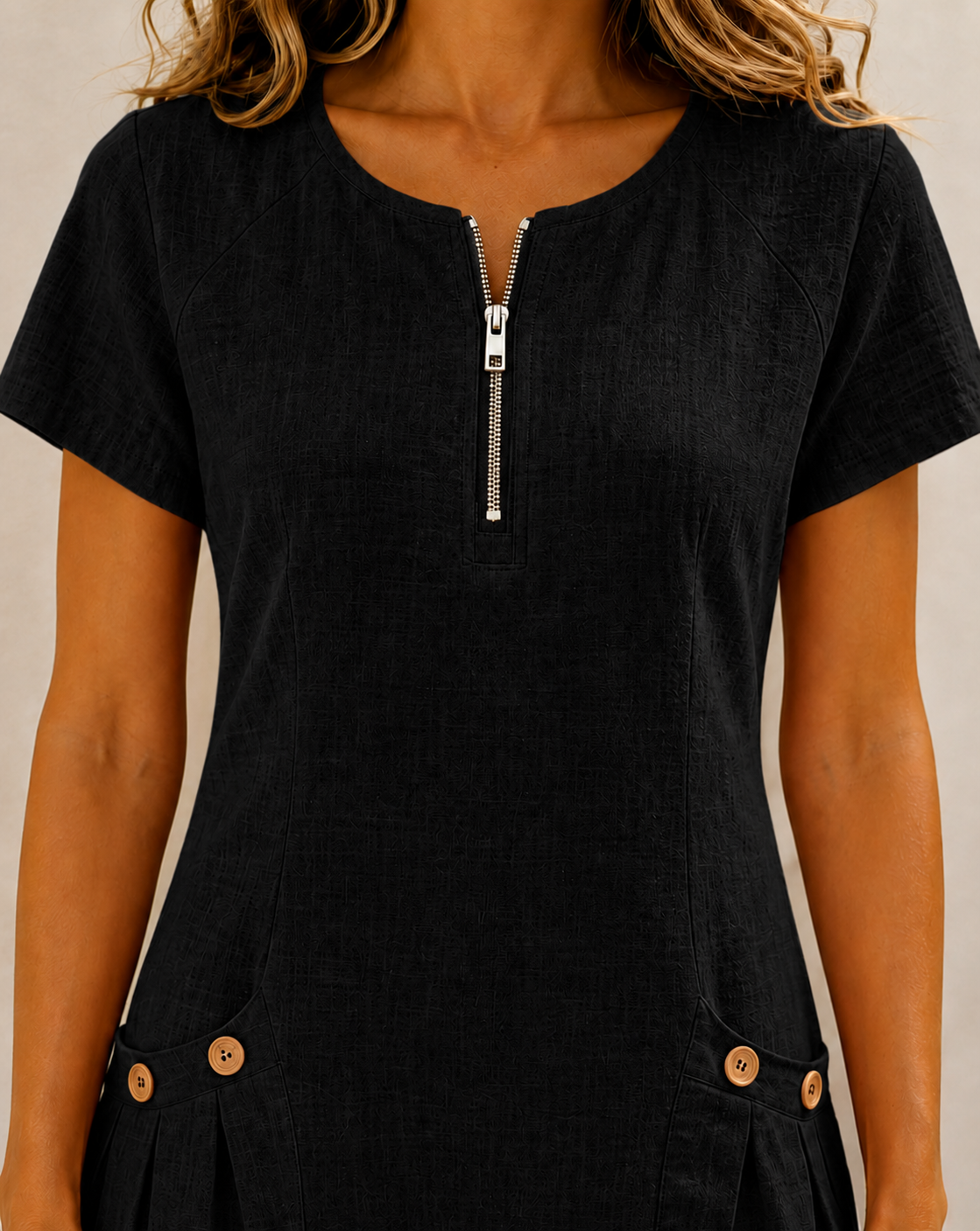 Vestido negro de manga corta con cierre vertical y bolsillos con botones en los laterales