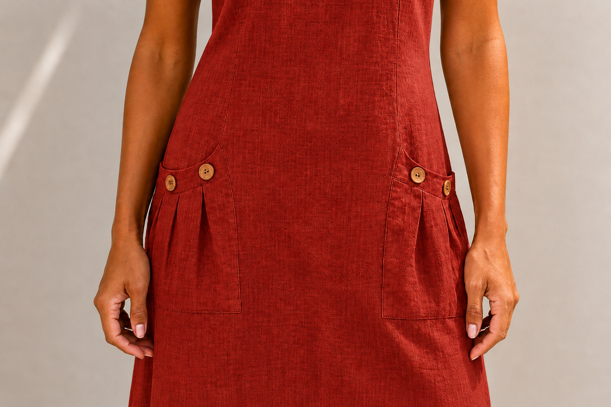 Vestido de lino rojo con bolsillos abotonados y costuras en el frente