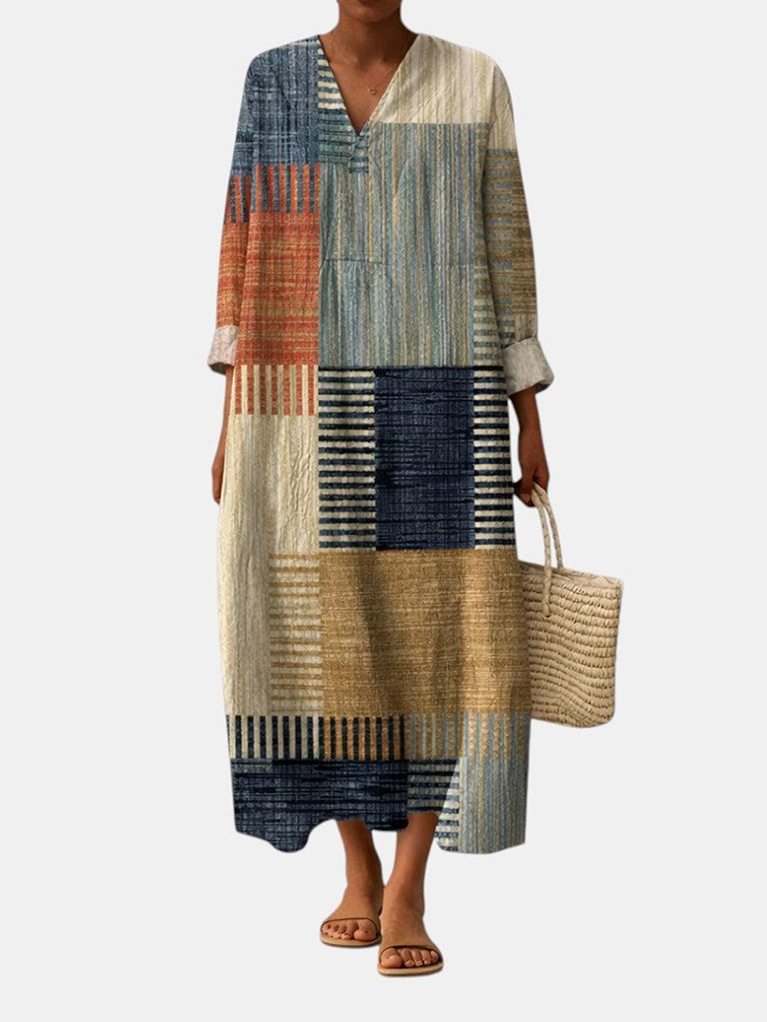 Vestido midi Samanta patchwork multicolor, escote en V y manga 3/4