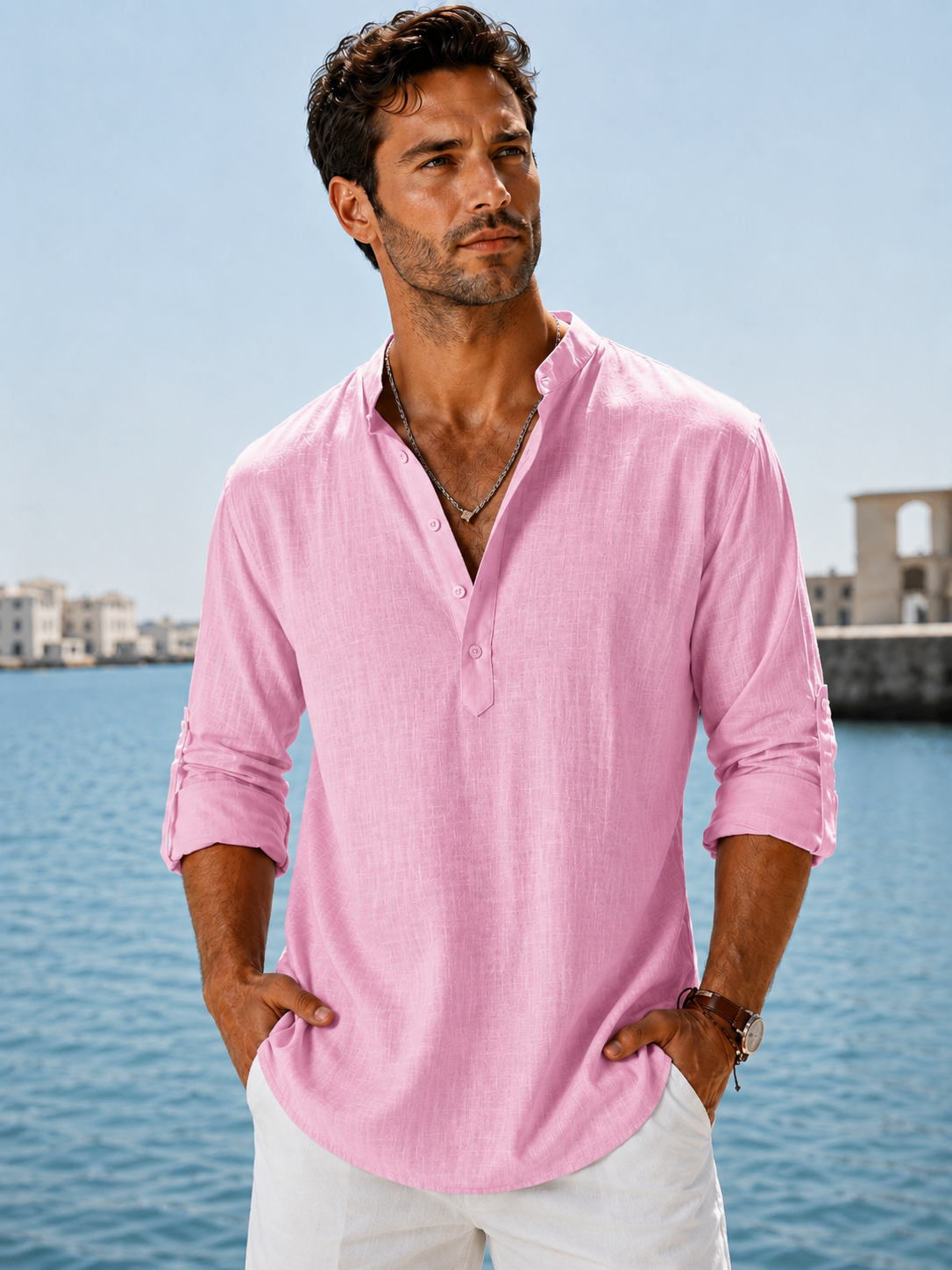 Camisa de lino rosa con cuello pico y botones, mangas 3/4