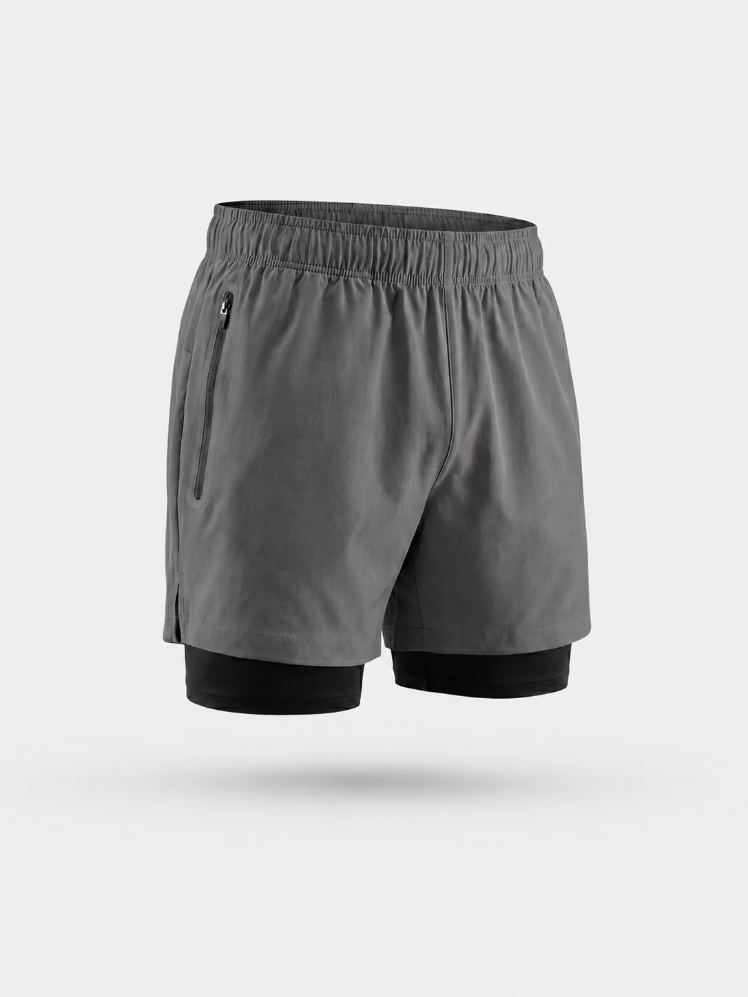 Short deportivo 2 en 1 gris: cintura elástica y bolsillo con cremallera