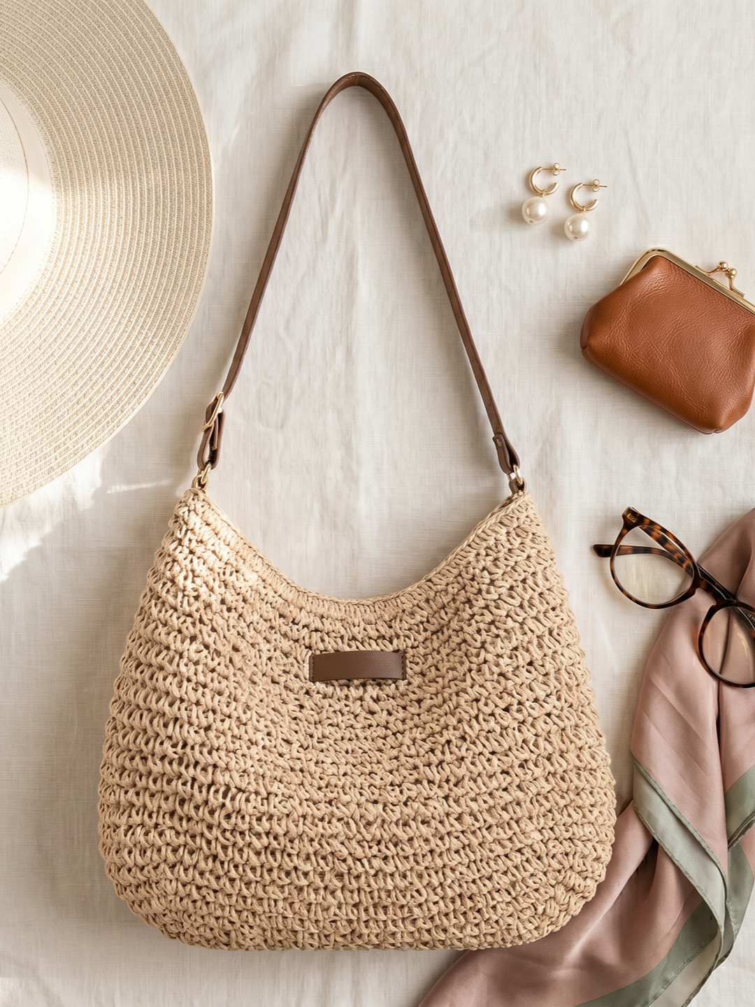 Bolso bandolera hobo trenzado beige con asa de cuero marrón y hebilla rectangular.
