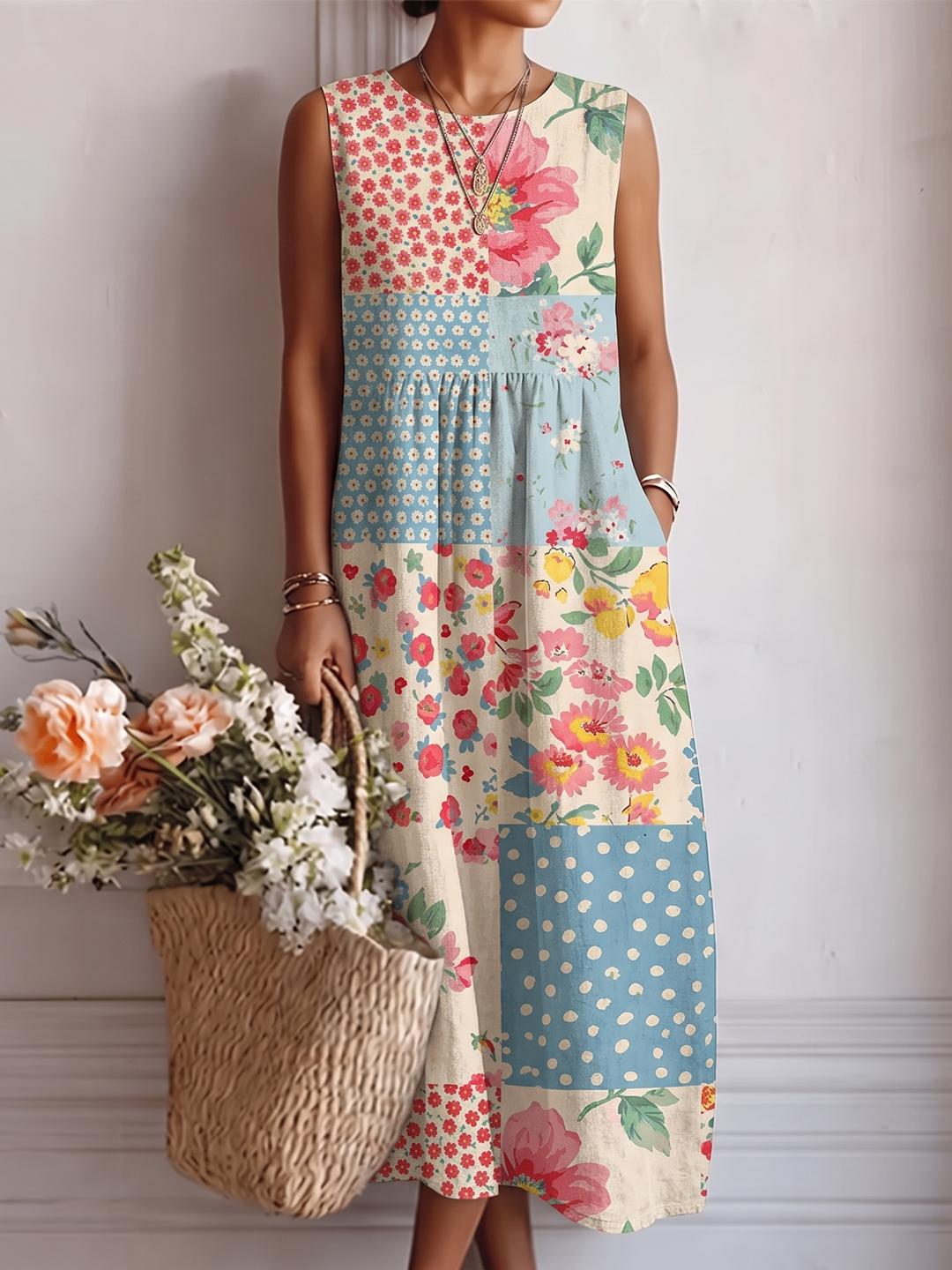 Vestido midi sin mangas estampado floral multicolor y con paneles de lunares