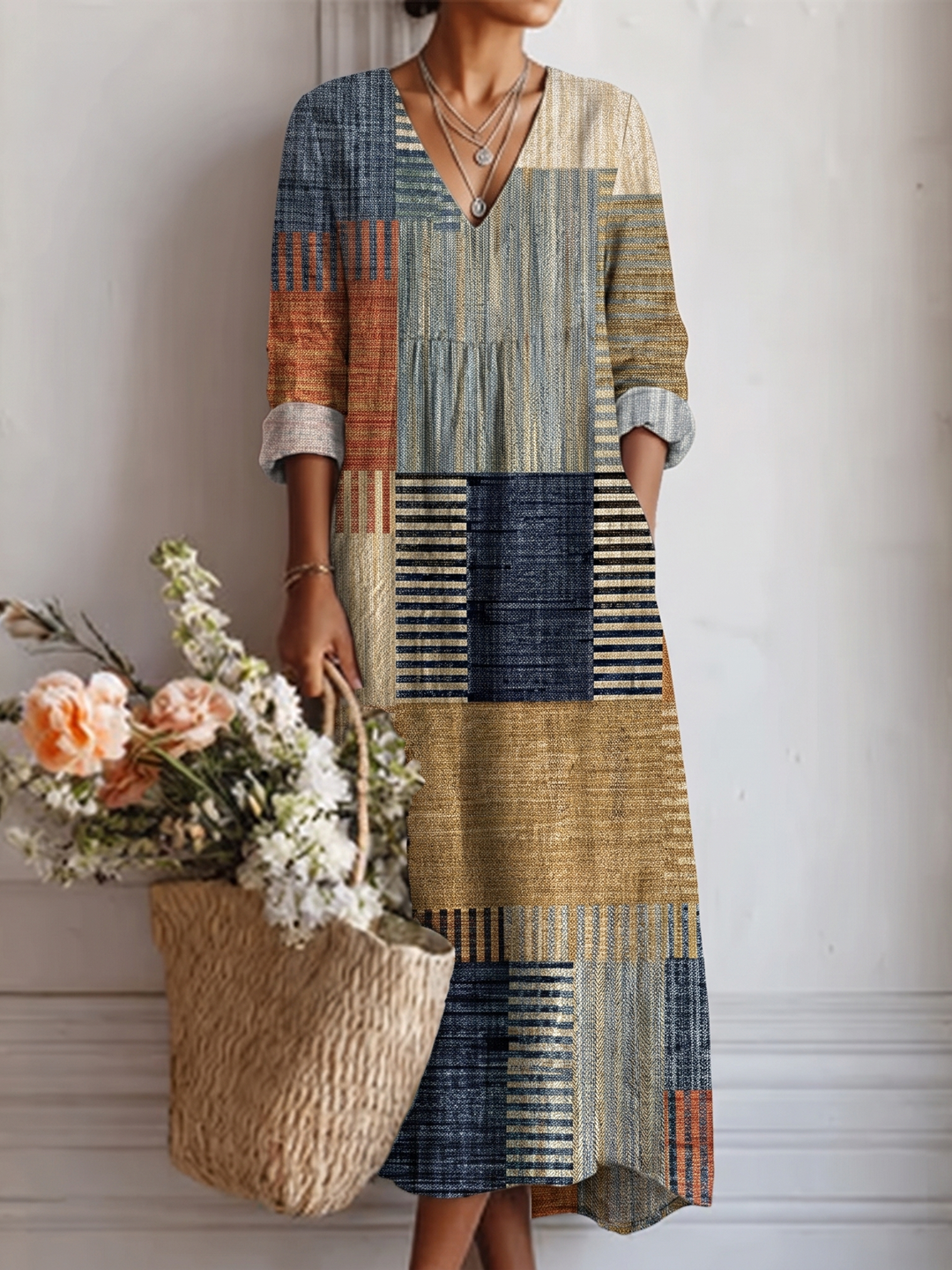 Vestido midi Samanta patchwork, escote en V y bolsillo frontal