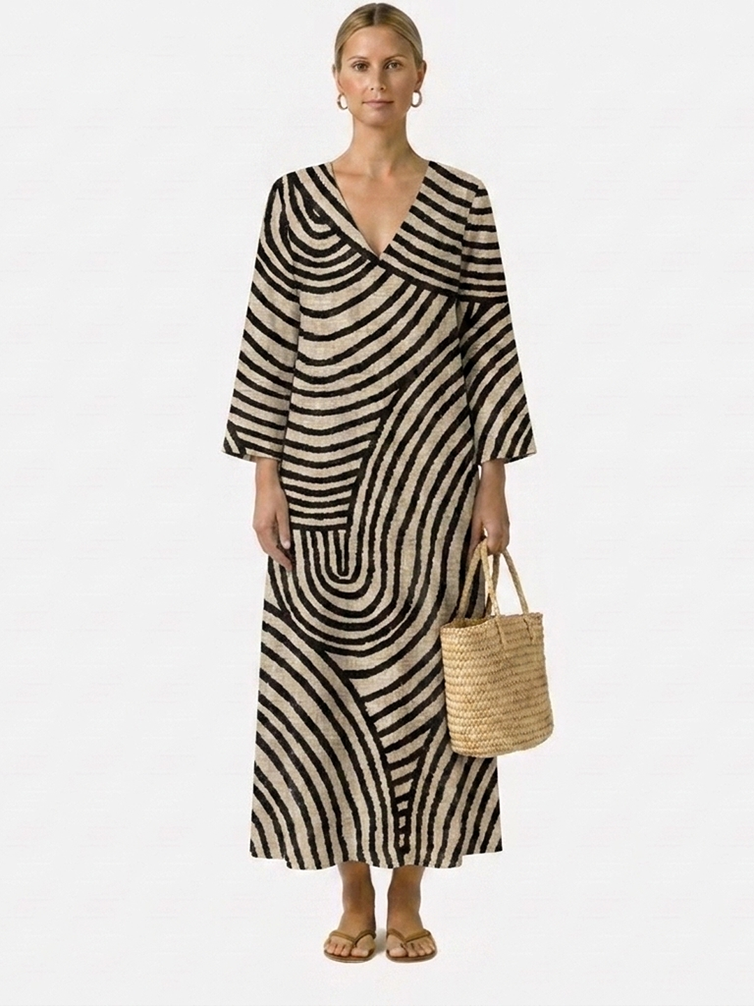 Vestido midi de rayas onduladas negro y beige, escote V y manga tres cuartos