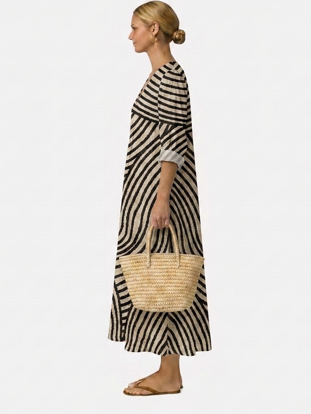 Vestido midi con patrón de ondas negro y beige, escote V y mangas 3/4