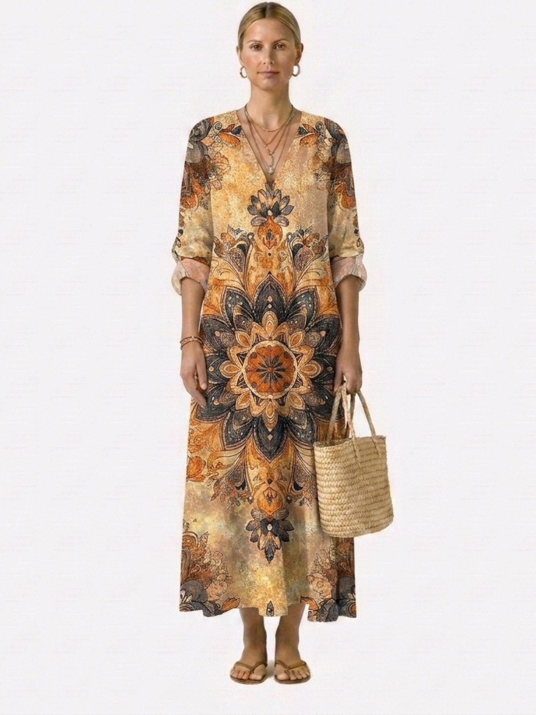 Vestido midi estampado floral con manga tres cuartos y cuello en V, con bolsito de rafia