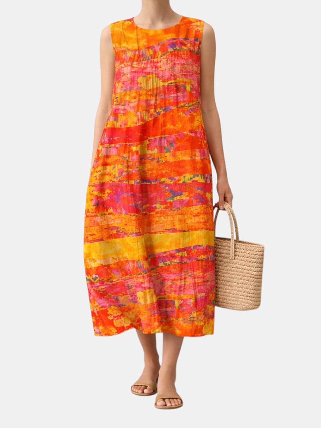 Vestido midi sin mangas estampado coral y fucsia, falda amplia y dobladillo midi