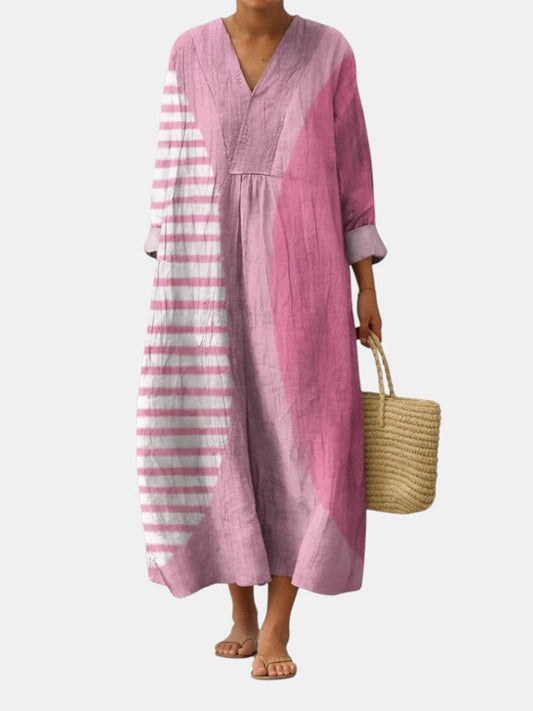 Vestido midi de lino rosa con cuello pico y mangas a rayas blancas y rosas