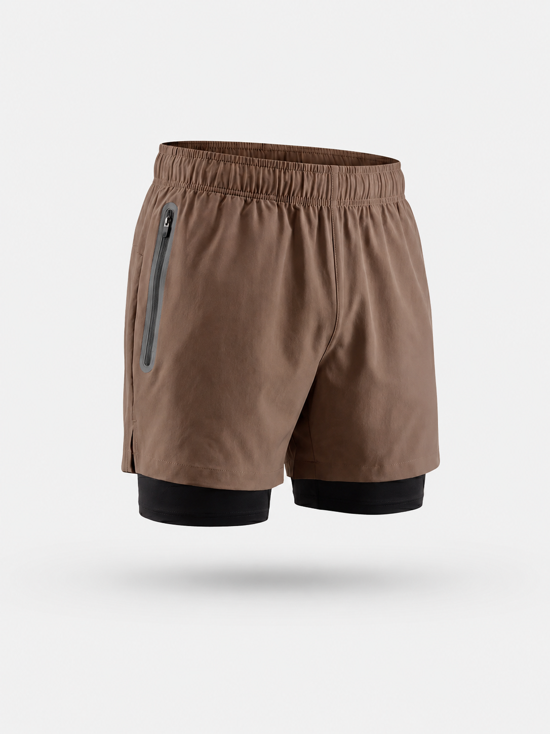 Short deportivo 2 en 1 marrón: cintura elástica y bolsillo con cremallera