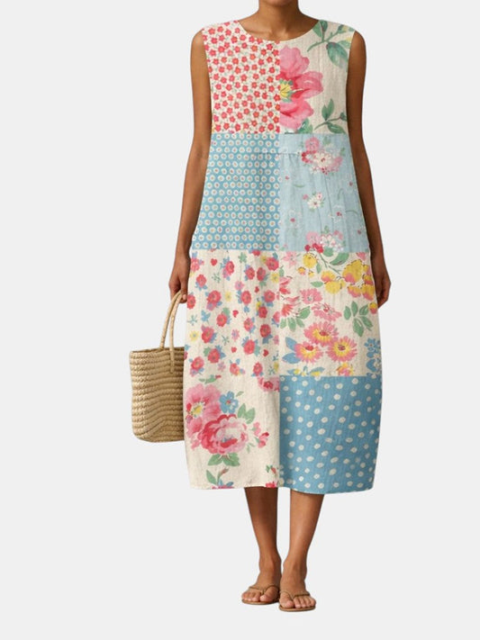 Vestido midi sin mangas de patchwork con flores y lunares en tonos pastel