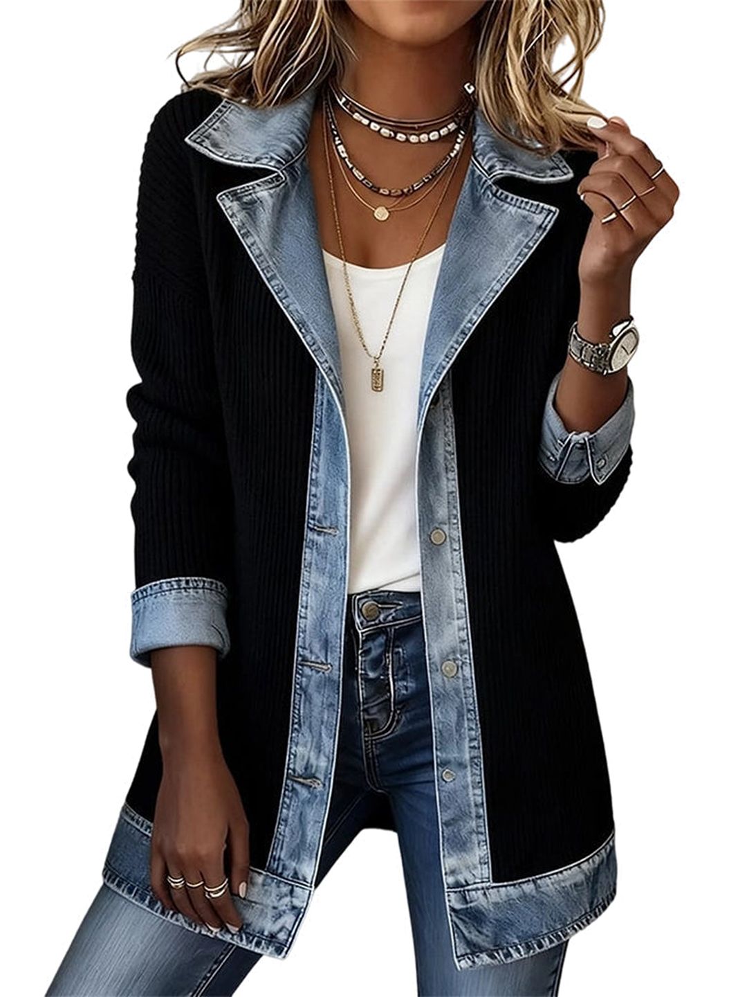 Chaqueta de mezclilla negra con solapa y bolsillos en denim a contraste
