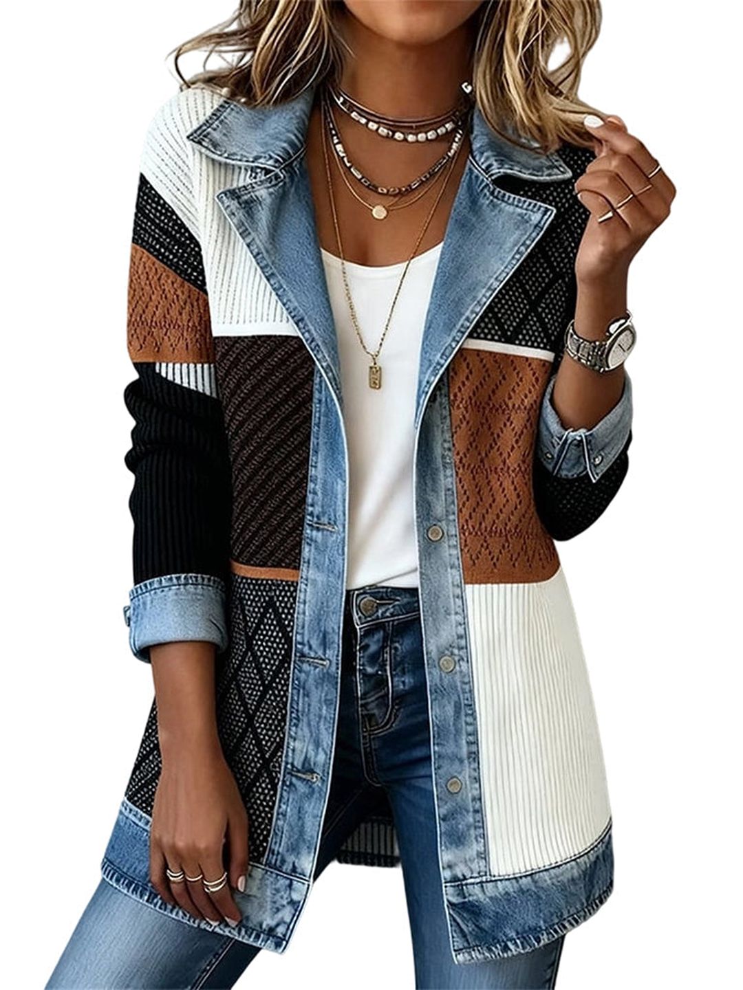 Chaqueta tipo denim color block con paneles blancos y negros, cuello azul y botones.