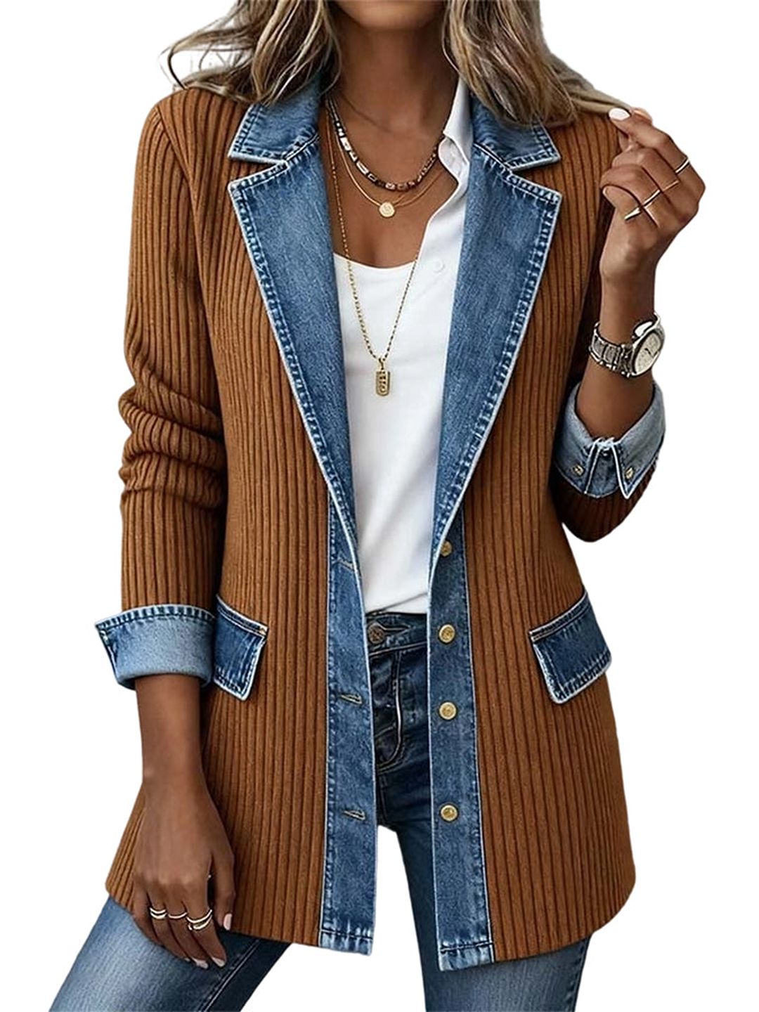 Chaqueta tipo denim color block con paneles marrón, cuello y puños de mezclilla azul.
