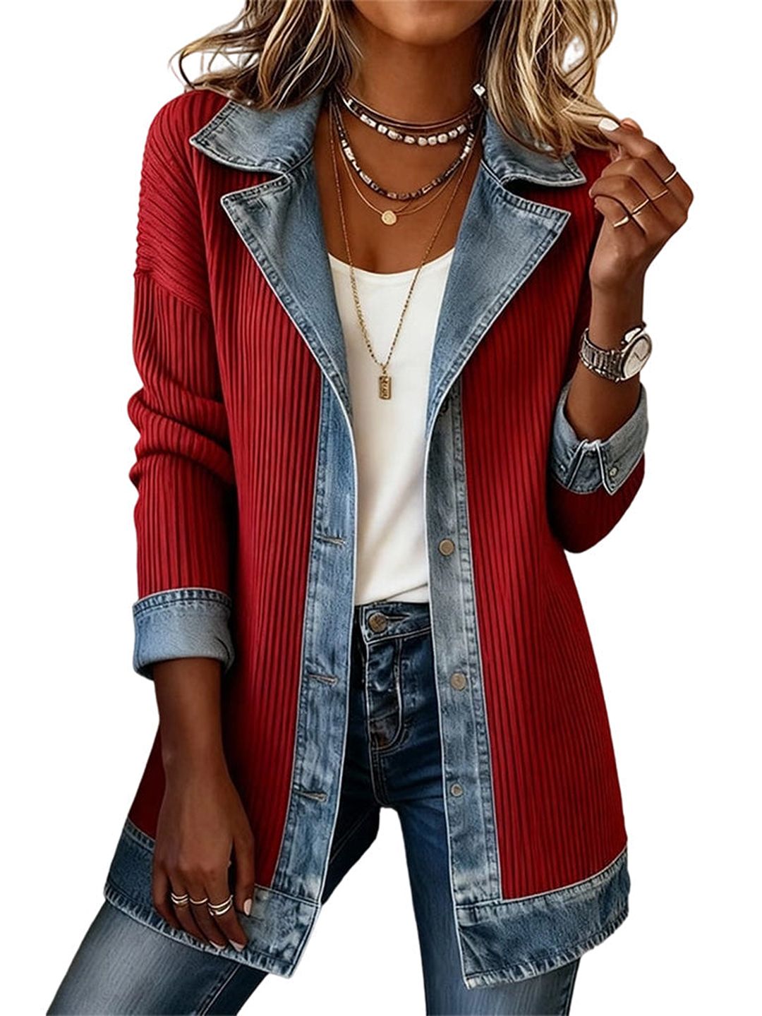 Chaqueta de mezclilla con paneles de tejido rojo acanalado y puños en denim
