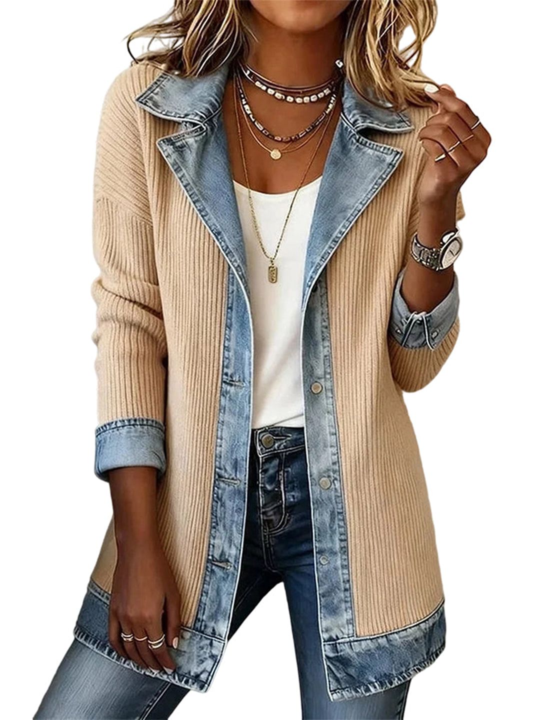Chaqueta vaquera beige con paneles de mezclilla y dobladillo con borde en denim