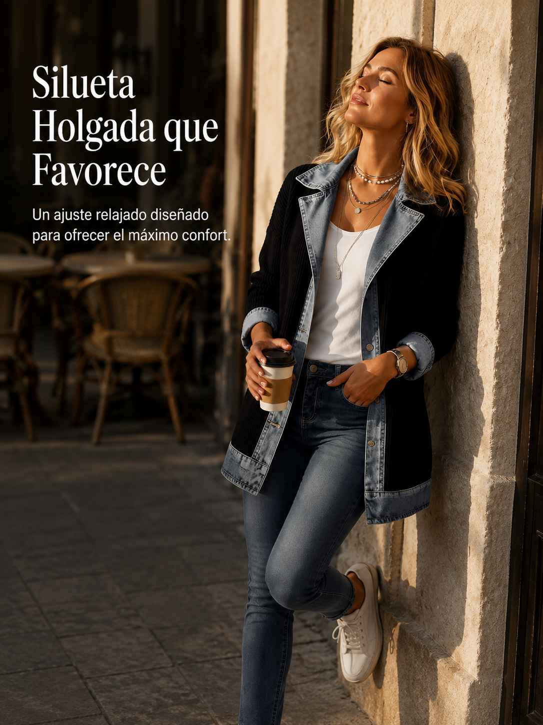 Chaqueta vaquera negra con solapas de mezclilla y dobladillo en contraste
