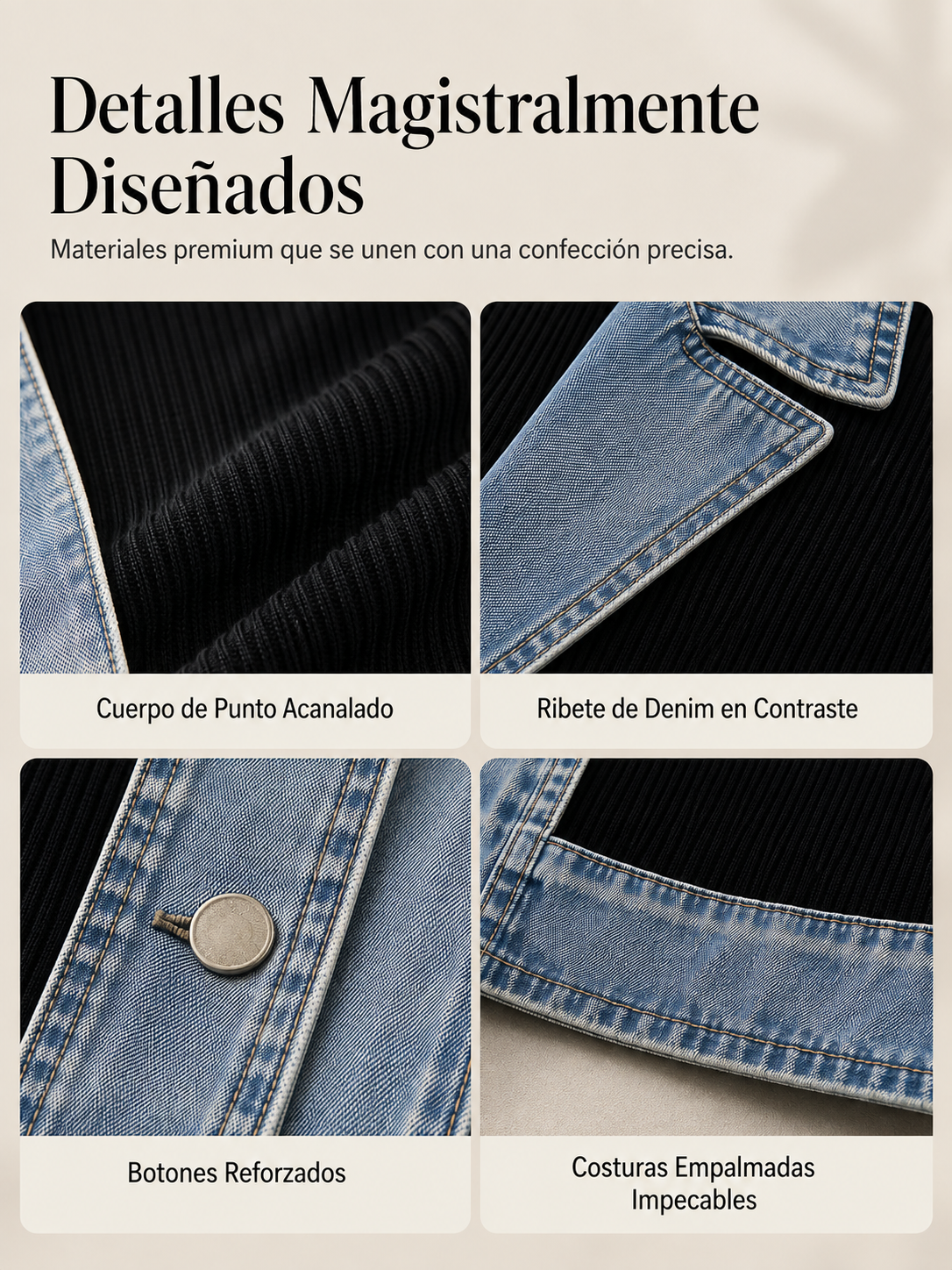 Chaqueta de mezclilla con ribete contrastado y costuras reforzadas en el dobladillo