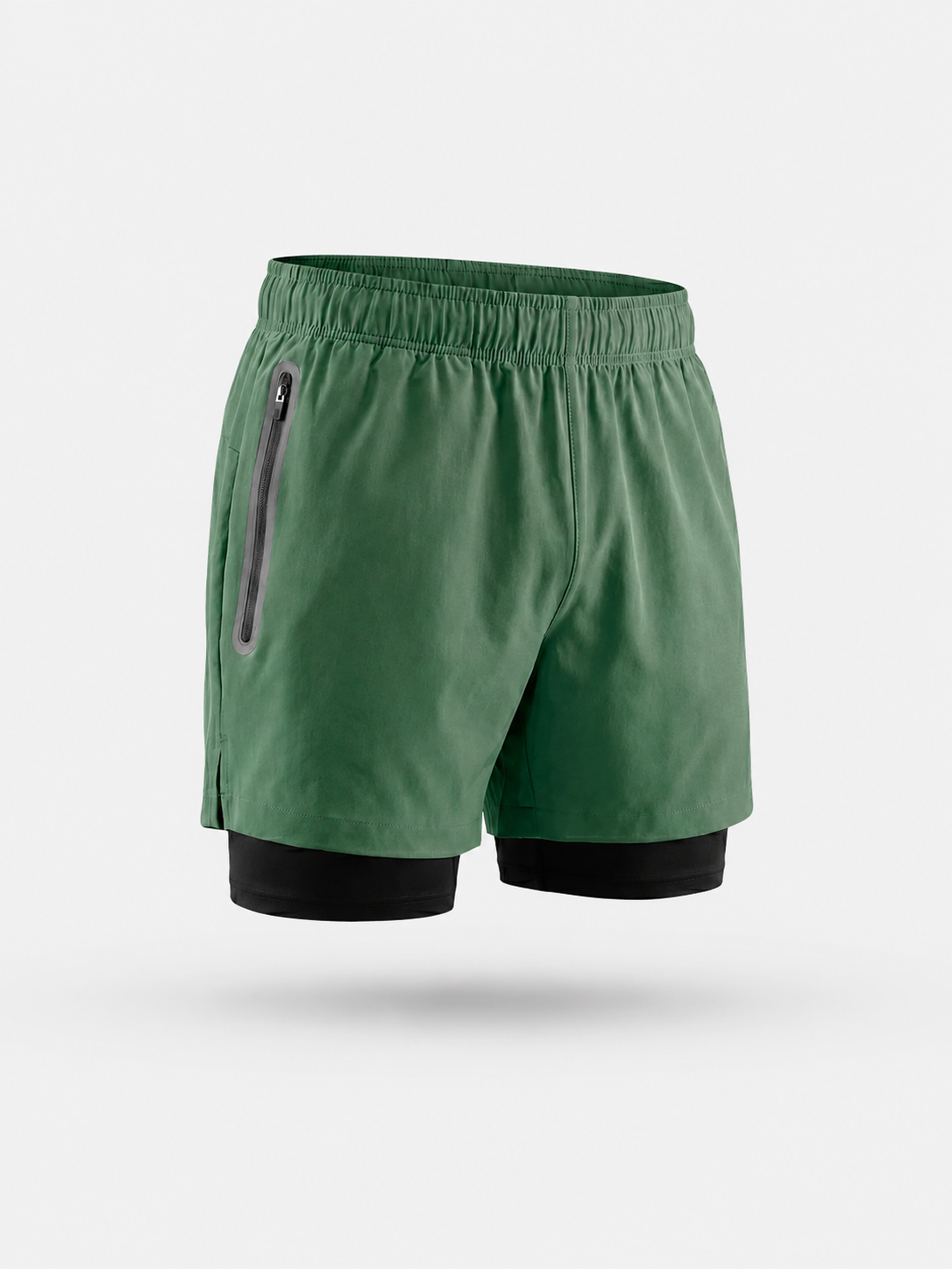 Short deportivo 2 en 1 verde: cintura elástica y bolsillo con cremallera
