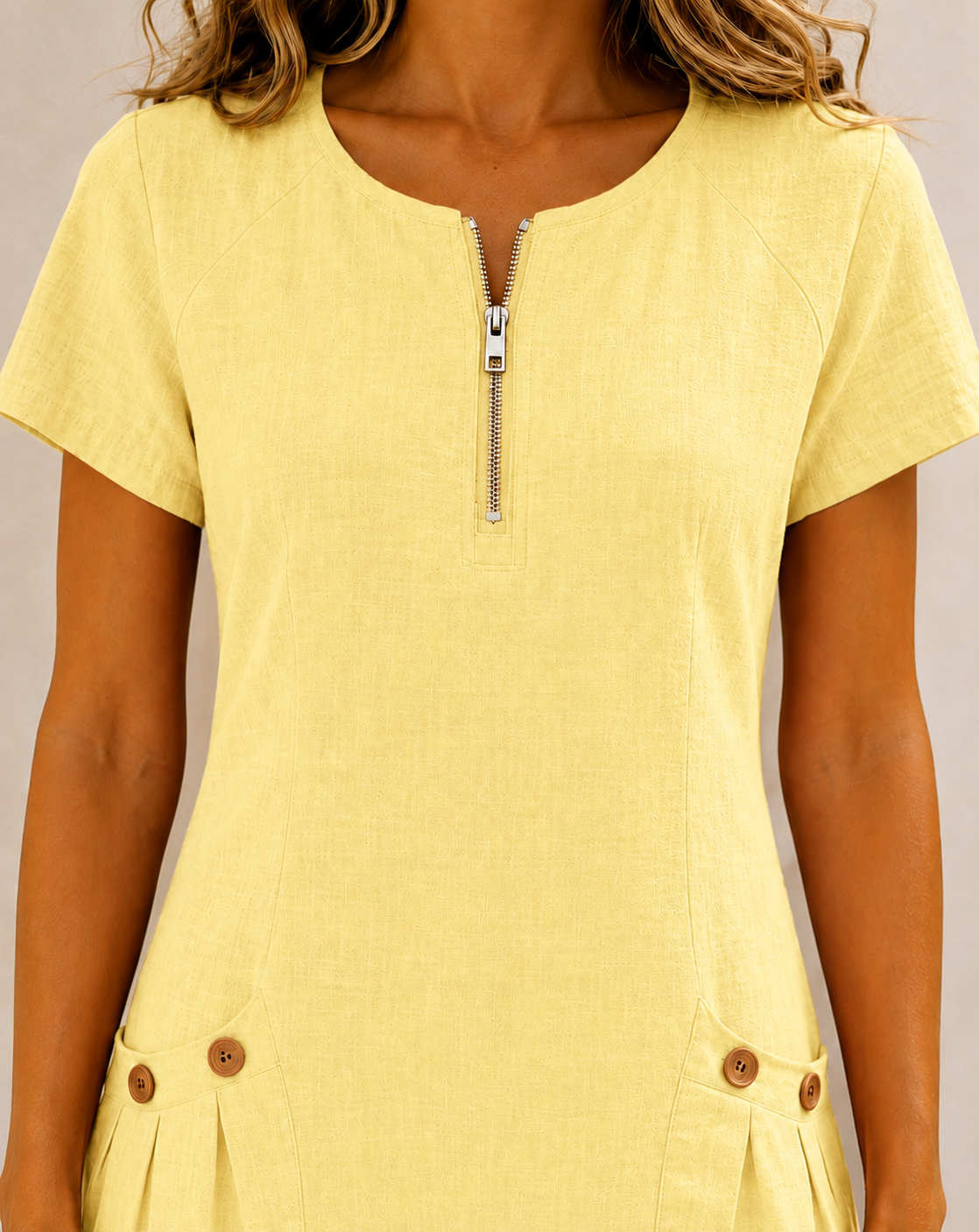 Vestido de lino amarillo con escote redondo y cremallera frontal