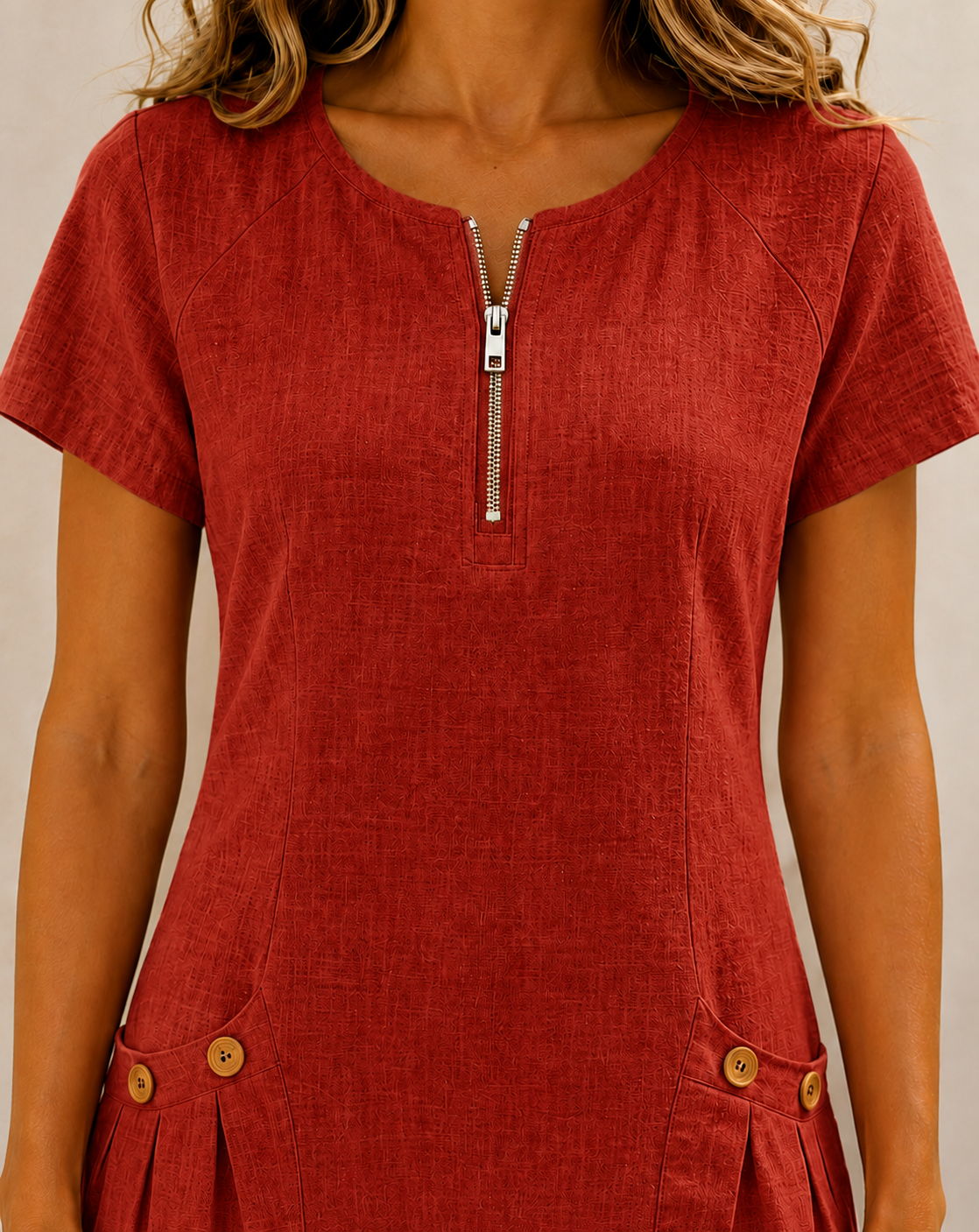 Vestido rojo de manga corta con cierre vertical y botones dorados en bolsillos laterales