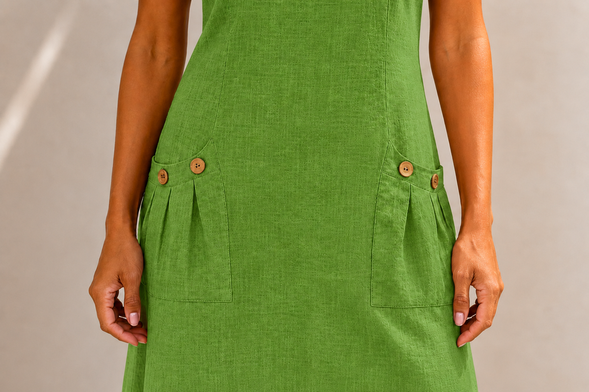 Vestido de lino verde con bolsillos y botones en el bajo