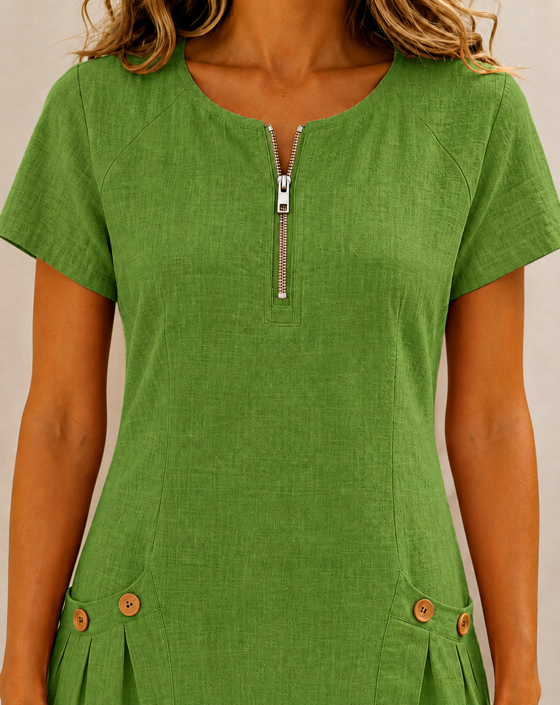 Vestido de lino verde con escote redondo y cierre frontal con cremallera